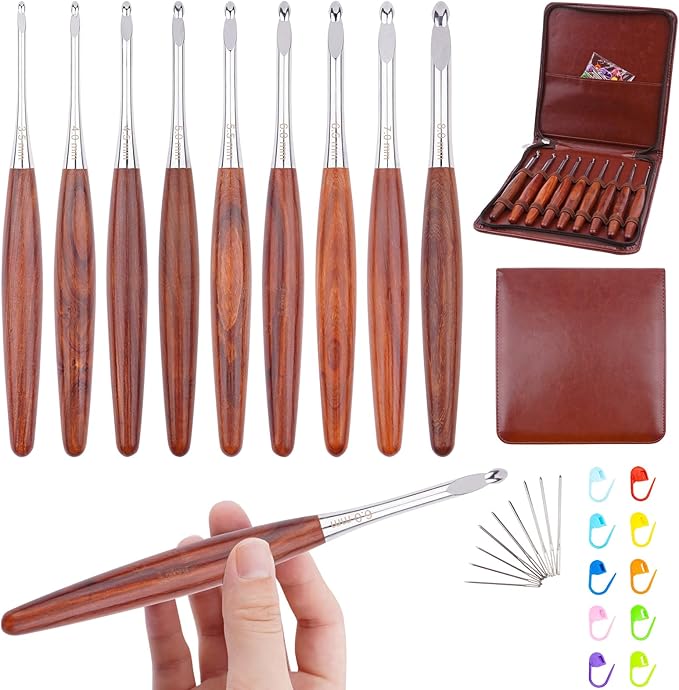 WAZAIGUR 9 Sizes Brown Wooden Smooth Grip Crochet Needles Beginner Kit Ergonomic Crochet Hooks Set with Case for Arthritic Hands (3.5mm-8mm)