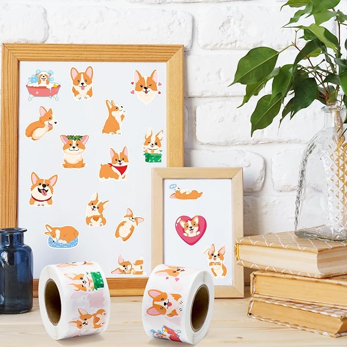 beyumi cute corgi roll stickers - 1000pcs corgi stickers in 2 rolls waterproof vinyl cute fancy pets dogs animal decals for cars phone laptop bottle notebook luggage computer envelope decor for kids