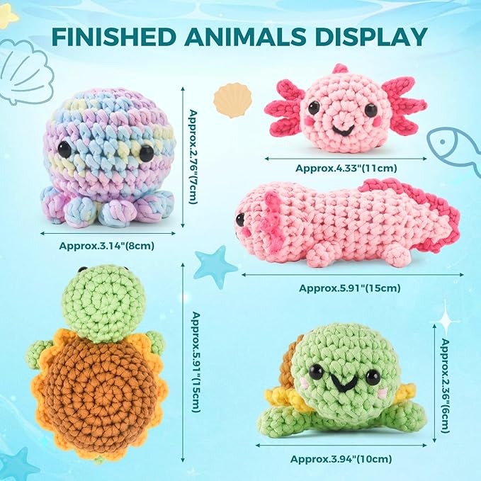 Crochet Kit for Beginners, 5 Pack Amigurumi Beginner Crochet Kits Animals, Crochet Turtle Axolotl Octopus Crocheting Kit, Easy Knitting Kit for Beginners with Step-by-Step Video Craft Kits for Adults