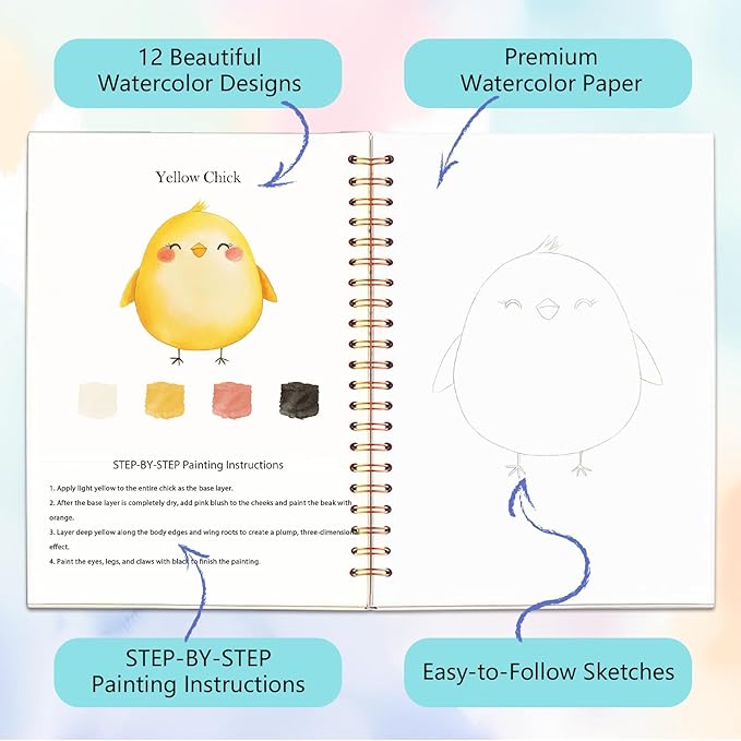 Easy Watercolor Workbook for Beginners - 12 Beautiful Step-by-Step Paintings Water Coloring Book, Includes 18 Colors Paints, Relaxing Art Projects and Creative Gift for Adults & Teen (Animals)