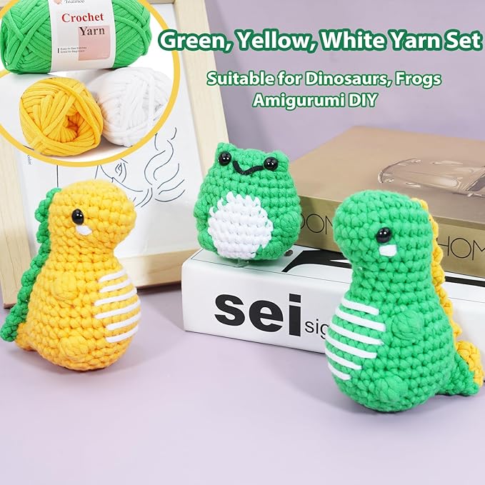 Crochet Yarn for Beginners, 3 Skeins × 1.75 oz Beginner Yarn for Crocheting & Knitting, Amigurumi Easy Yarns, Dinosaur Crochet Kit, Easy-to-See Stitches, Worsted Medium # 4, Cotton-Nylon Blend