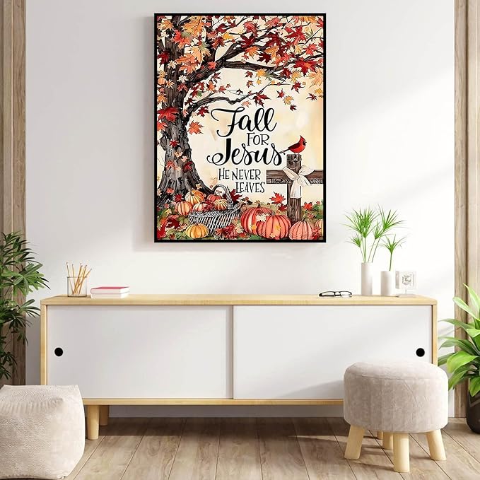 Diamond Art Kits for Adults, 5D DIY Fall for Jesus He Never Leaves Diamond Painting Kits Beginners, Diamond Dots Gem Arts Crafts Kits for Living Room Bedroom Offices Home Wall Decor 12X16 Inch