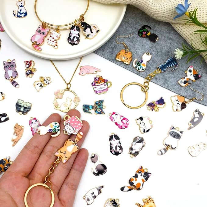 WOCRAFT 120pc Assorted Enamel Bracelet Cat Charms for Jewelry Making Crafts DIY Necklace Bracelet Keychain Crafting Charms Kit (SN815)