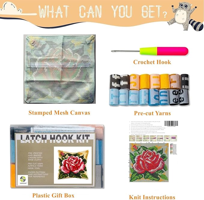 EMISTEM Latch Hook Kits for Adults - Latch Hook Pillow Kits, Crochet Yarn Kit for Beginners, DIY Needlework Crafts Cover Case with Printed Canvas, (Red Rose,17x17 inch)