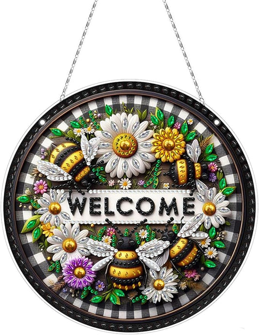 Generic DIY Hanging Diamond Pendant Special Shaped Crystal Diamond Art Painting Ornament Single Sided for Window Home Garden Wall Door Decor-Bee Daisy