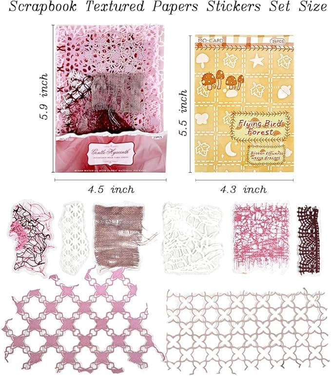 Diuhofart 47 Sheets Scrapbook Textured Papers for Crafts, Pink Theme Hollow Mesh Sticker Decorative Paper, Collage Materials for Junk Journaling Supplies