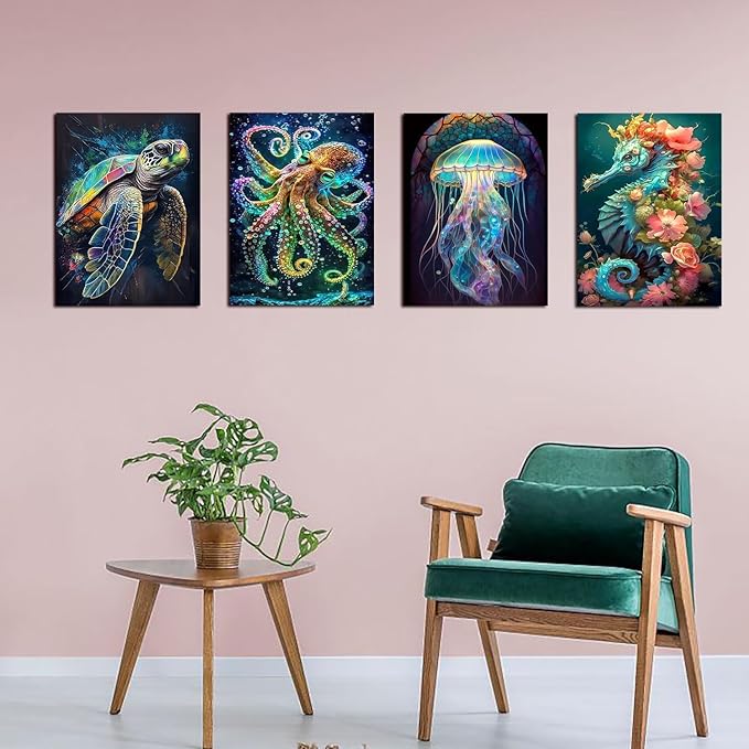 4 Pack Stamped Cross Stitch Kits for Adults - Cross Stitch Kits for Beginners,11 CT Ocean Animal Cross Stitch Patterns Dimensions DIY Counted Cross Stitch Kits for Adults Arts Craft 12x16 inch