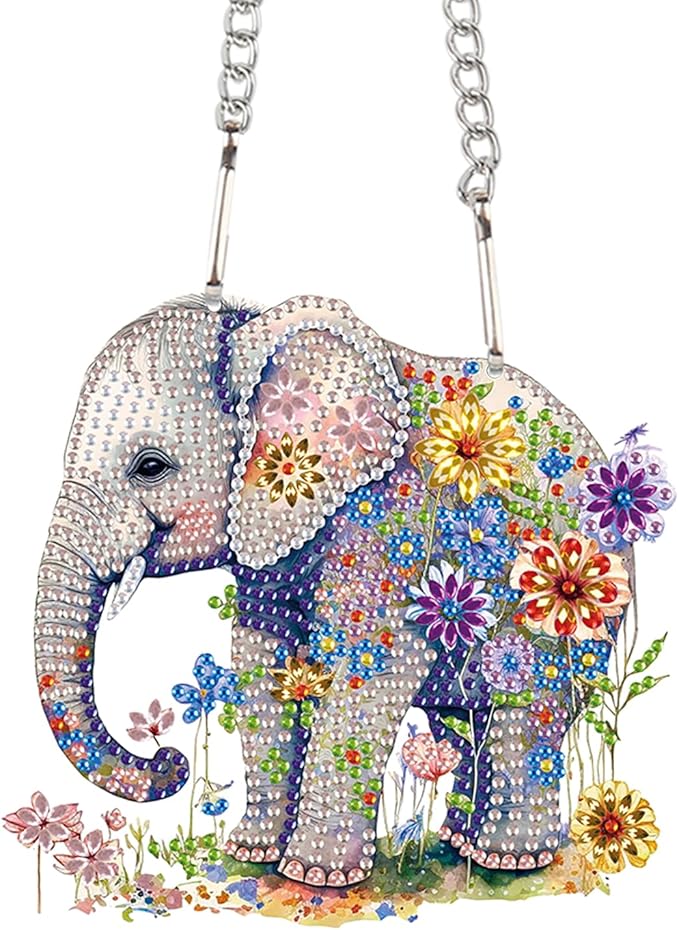 Elephant and Flowers Diamond Painting Hanging Kit – DIY Acrylic Pendant with 5D Special Shaped Rhinestones, Decorative Art Board for Wall, Door or Garden, Handmade Gift for Creative Decor Lovers