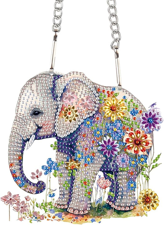 Elephant and Flowers Diamond Painting Hanging Kit – DIY Acrylic Pendant with 5D Special Shaped Rhinestones, Decorative Art Board for Wall, Door or Garden, Handmade Gift for Creative Decor Lovers