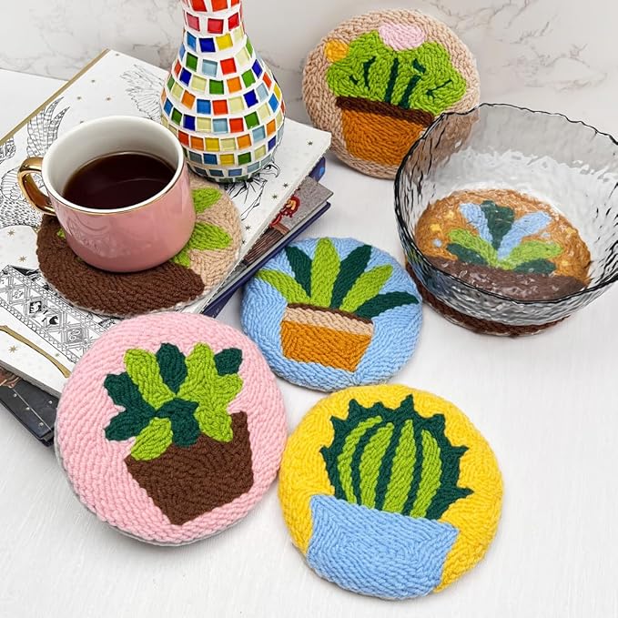 Punch Needle Coaster Kit for Adults Beginners, Easy Punch Embroidery Starter Set with Instructions – Fun Mug Rug Making Kit for Table Decor & Festival DIY Gifts (6pcs Succulent Plants)