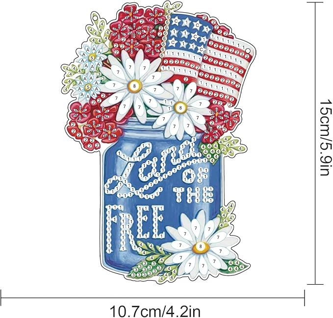 AiYuanzsh Diamond Art Painting Hanging Kit Independence Day Vase, 5D Acrylic Crystal Rhinestones Diamond Art Pendant with Flower and Flag Diamond Art Ornament for Door Wall Window Home Decor