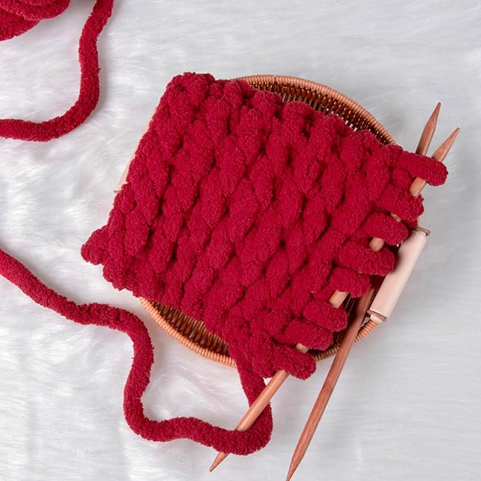 Wine Red Chunky Chenille Yarn for Crocheting Bulky Thick Fluffy Yarn for Knitting,Super Bulky Hand Blanket, Soft Plush Yarn Crochet Carpet/Scarf/Cushion/ 8 Jumbo Pack(63.76oz/197.68yd