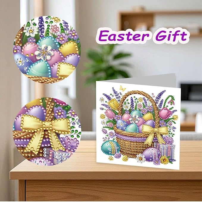 12 Pack 5D DIY Diamond Painting Greeting Cards Kit, Diamond Art Easter Cards with Envelope, Easter Crafts for Adults (Easter Eggs)