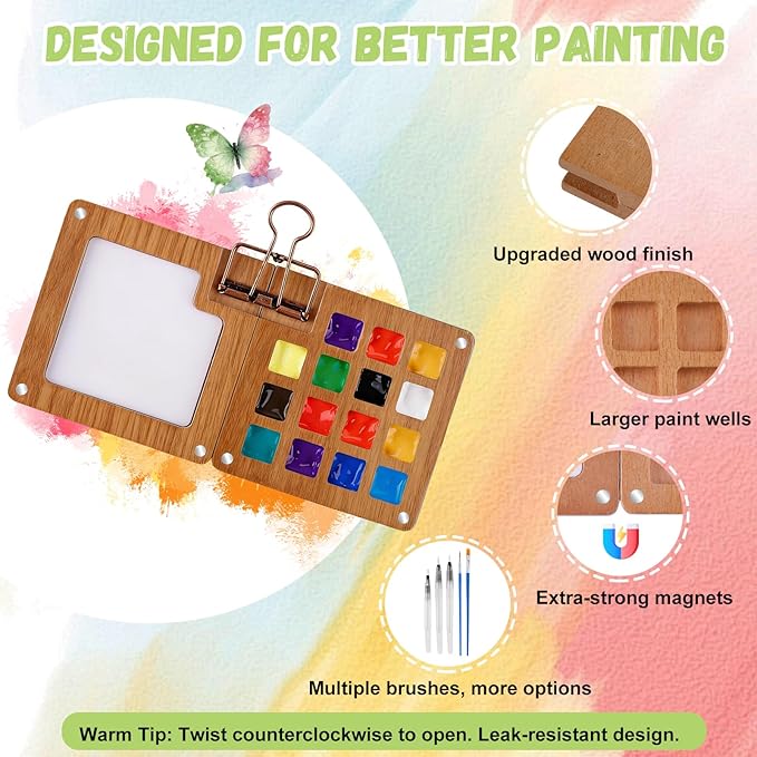 Watercolor Paint Set 12 Colors, 15-Compartment Mini Travel Watercolor Kit with 5 Brushes & Sketchbook, Portable Wooden Box with Color Storage Case for Plein Air & Urban Sketching