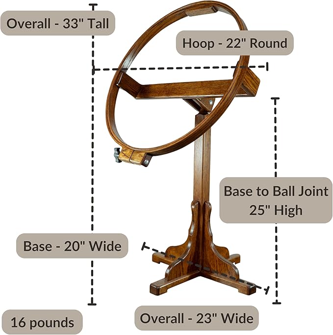 dutchcrafters solid oak wood 22 inch round extra large tilting quilt hoop with stand, quilting frame for hand quilting - amish made in america (michael's cherry)