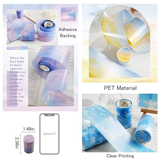 Cloud PET Tape Stickers for Journaling Supplies, 6 Rolls of Colorful Sky Themed Scrapbook Stickers for Scrapbooking, Junk Journal Supplies, DIY Crafts(Realm)