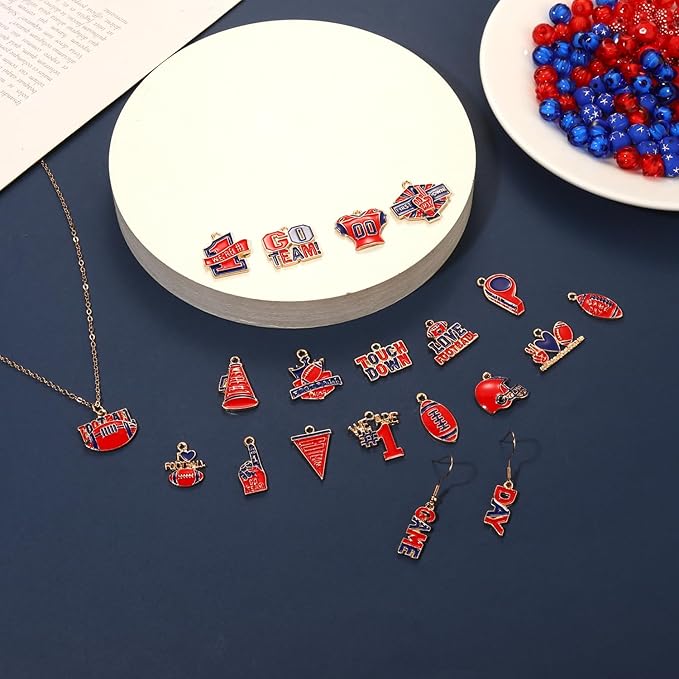 3000PCS+ Game Day Beads for Bracelets Making Red Black Clay Heishi Beads Pearl Acrylic Letter Bead Enamel Football Charms for Bracelet Earrings Necklace Making DIY Game Day Accessories (Red Blue)