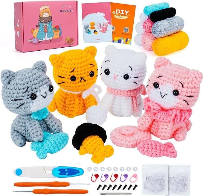 fortuning's jds crochet kit for beginners - cat crochet kit with step-by-step video tutorials, learn to crochet kits for adults, 4 pcs crochet animals cat with hat, toy, fish crocheting set
