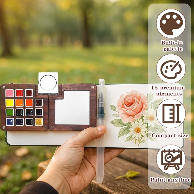 Mini Watercolor Paint Set - 15 Color Travel Watercolor Palette Set - Portable Water Color Paint Set with Watercolor Journal, Binder Clips,Pens,Storage Bag, Wooden Box for Beginners Painters Artists Student