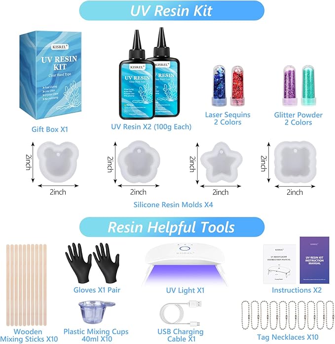 KISREL UV Resin Jewelry Making Kit, 200g Crystal Clear Resin with Light and Molds, DIY Jewelry Making Kit, Resina Starter Kit for Keychain and Earring