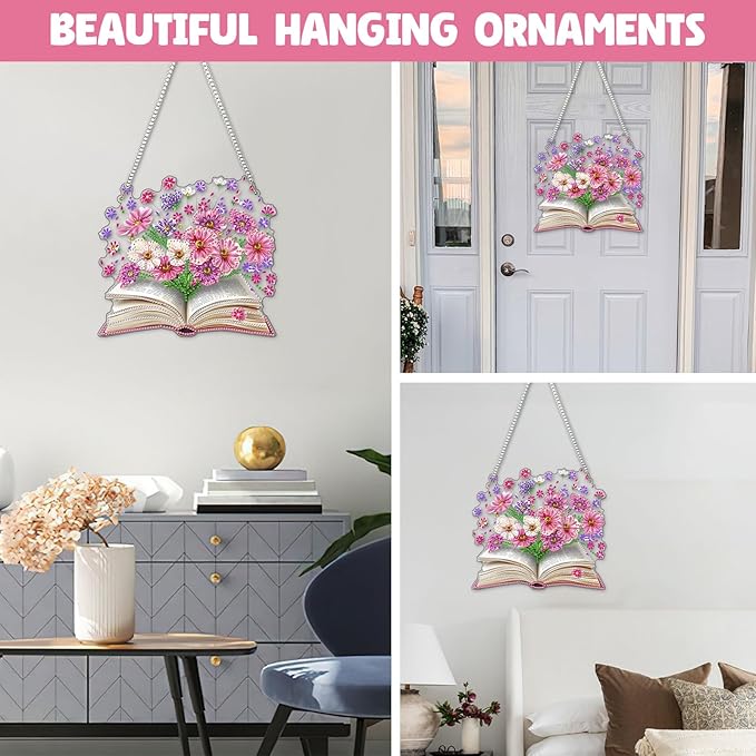 NAIMOER Diamond Art Hanging Kits for Adults, Book Flower Diamond Art Suncatchers, 5D Special Shape Fall Diamond Painting Pendant Window Ornament Gifts for Home Garden Door Wall Decor