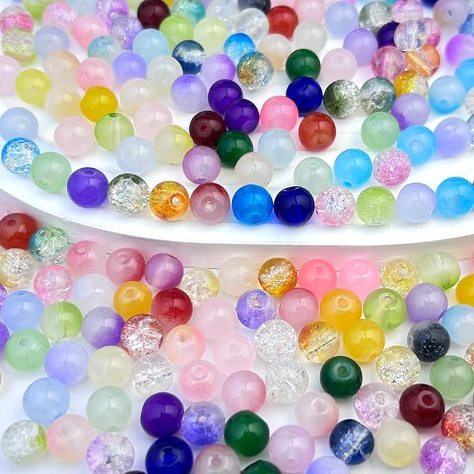 300pcs 6mm Glass Beads, Assorted Glass Beads for Jewelry Making, Colorful Round Spacer Crackle Bead Kit for Bracelet Necklace DIY Craft