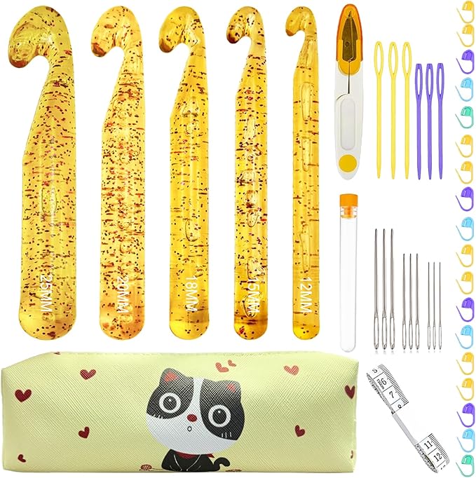 43 Pcs Large Crochet Hooks Set,12mm 15mm 18mm 20mm 25mm Large Crochet Hooks for Chunky Yarn,Plastic Crystal Smooth Big Crochet Needles for Handmade DIY Crochet with Storage Bag