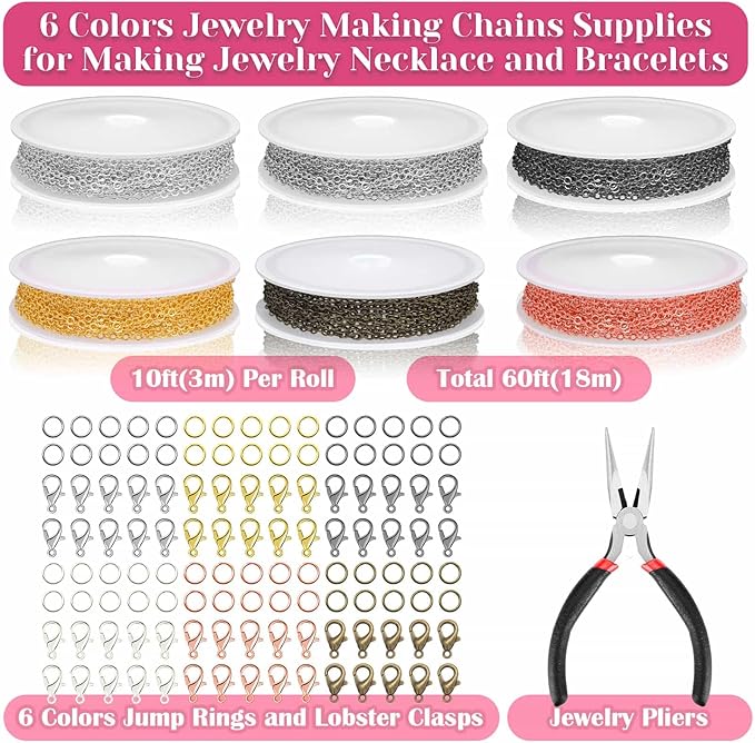 selizo Chains for Jewelry Making, 60ft Jewelry Making Chains for Necklace with Pliers, Open Jump Rings and Lobster Clasps for Making Jewelry DIY Necklace Bracelet Anklet, 6Colors 2mm
