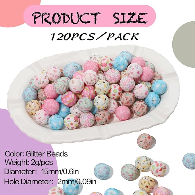 120pcs Richbunnys 15mm Bulk Silicone Beads for Pens and Keychain Making,Large Bead for Necklace and Bracelets Making,Assorted Rubber Beads Set(Print Cartoon)
