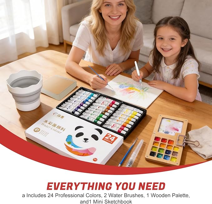 GXJF 24 Colors Portable Watercolor Travel Set, Magnetic Folding Wooden Palette with Refillable Water Brushes & Cotton Sketchbook, Non-Toxic Watercolor Kit for Beginners, Artists & Kids, Ideal for Outdoor Sketching & Travel Painting