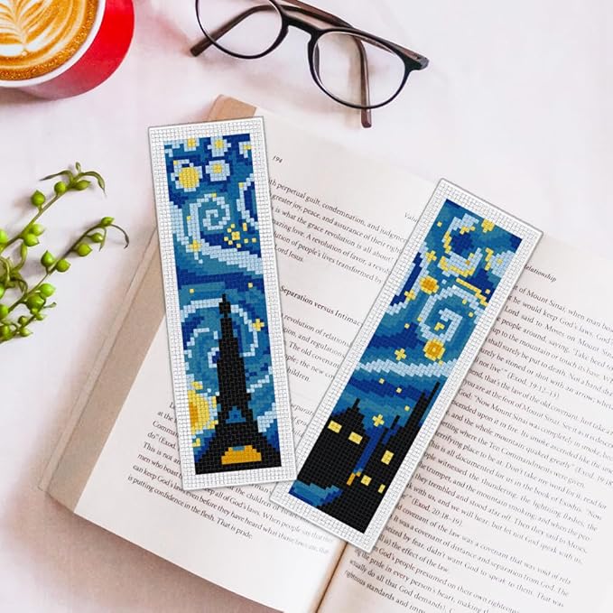 ORIGACH 6 Set Starry Night and Black Cat Cross Stitch Bookmark Kit for Beginner with Backing Felt Floss Instructions DIY Stamped Embroidery Bookmark Kit for Adults, Book Lovers
