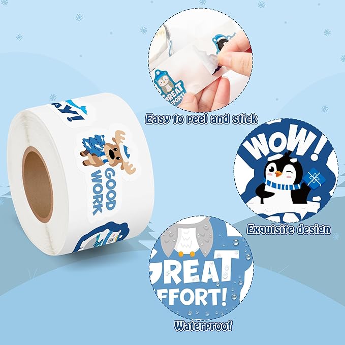 beyumi winter polar animal sticker - 1000pcs teacher reward stickers in 2 rolls cute arctic animal motivational positive xmas decal waterproof vinyl school classroom office bottle party decor for kids