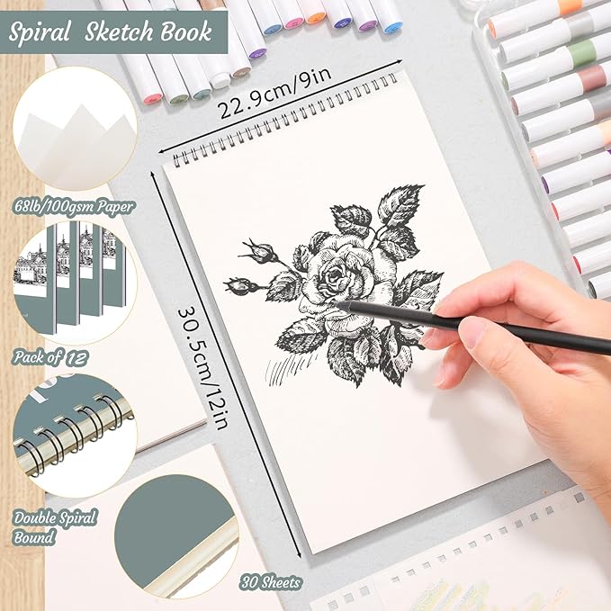 12 pack sketch book, 9 x 12 inch sketchbook, 68lb/100gsm top spiral bound sketch pad, acid free art supplies drawing painting sketching paper for adults, beginners, artists (30 sheets each)