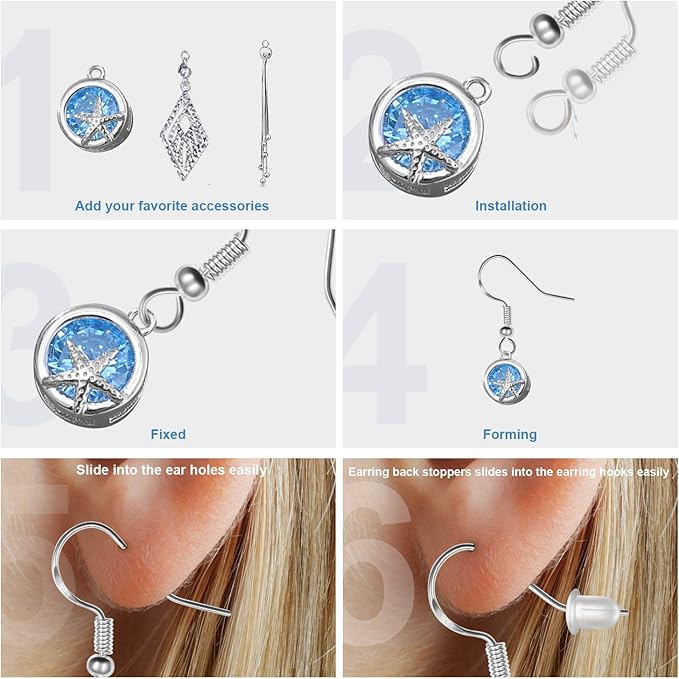 925 sterling silver earring hooks 120 pcs/60 pairs, ear wires fish hooks, hypo-allergenic jewelry findings parts with 120 pcs clear silicone earring backs