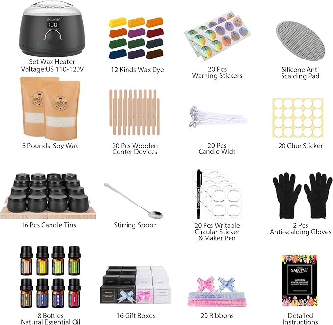 SAEUYVB Candle Making Kit for Adults with Hot Plate, DIY Starter Soy Candle Making Supplies/Kit - Perfect as Home Decorations（Black）