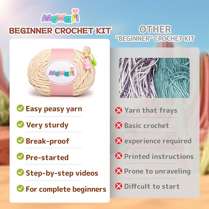 Mewaii Crochet Kit for Beginners Level 1 with 40% Extra Eco-Friendly Pre-Started Easy Yarn, Step-by-Step Video Tutorials for Adults and Kids (Fennec Fox)