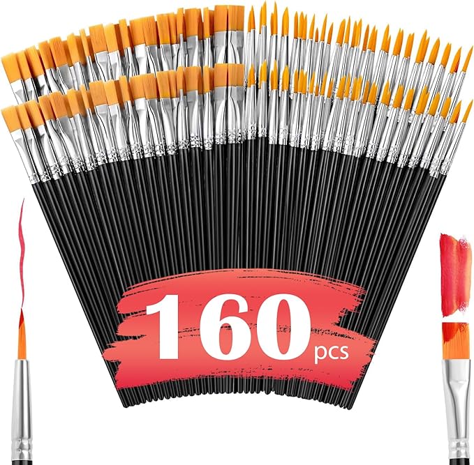 AROIC Small Paint Brushes Bulk,160 Pcs Black Nylon Hair Paint Brushes for Kids Flat Tip Round Acrylic Paint Brush Set,Acrylic Paint Brush Kits for Classroom Oil Watercolor Face Painting Touch Up