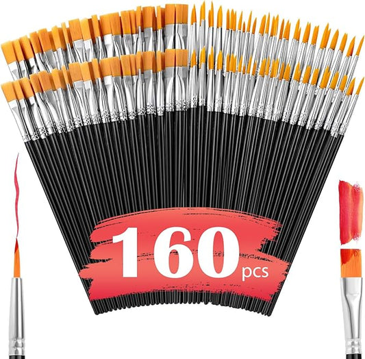 AROIC Small Paint Brushes Bulk,160 Pcs Black Nylon Hair Paint Brushes for Kids Flat Tip Round Acrylic Paint Brush Set,Acrylic Paint Brush Kits for Classroom Oil Watercolor Face Painting Touch Up