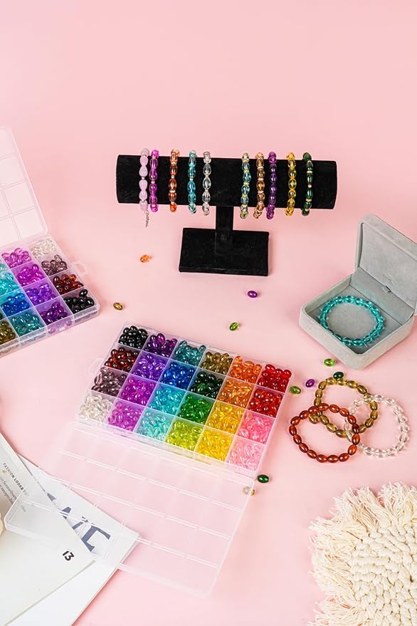REVKI 1200pcs Glass Beads Bracelet Making Kit, 48 Colors Crystal Beads for Jewelry Making,Strange Shaped Glass Beads for Bracelets and DIY Crafts(Oval and Bamboo)