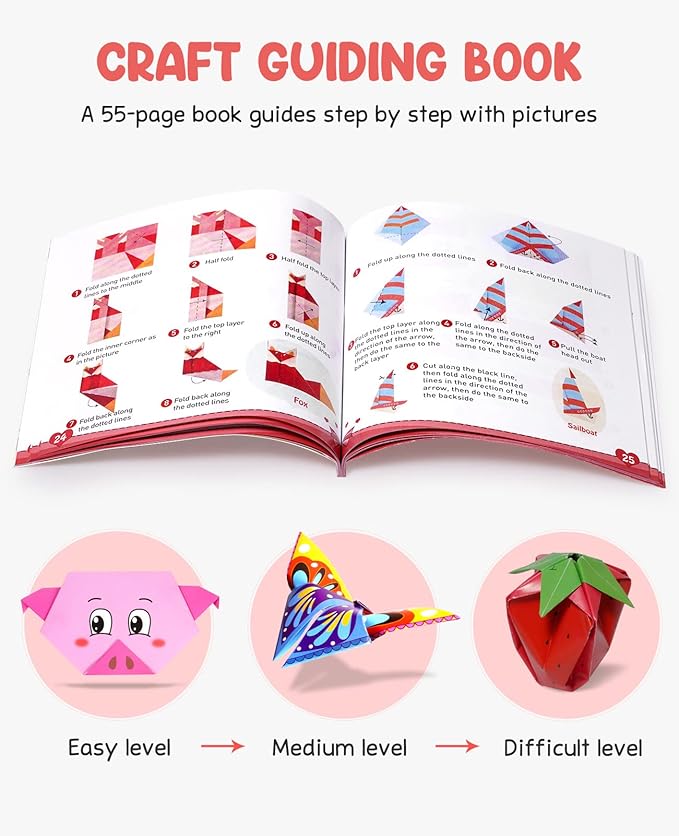 Gamenote Colorful Origami Kit for Kids 54 Projects 120 Double Sided Origami Paper 12 Sheets Practice Papers Instructional Origami Book Origami Gift for 4+ Girls Boys Adult Beginners Training Craft
