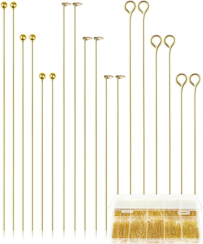 FIVEIZERO 900 PCS Eye Pins and Flat Head Pins for Jewelry Making, Metal Eyepins, Headpins & Ball Head Pins for DIY Earrings, Necklaces, Bracelets, Pendants, 1.2", 1.6", 2", Gold