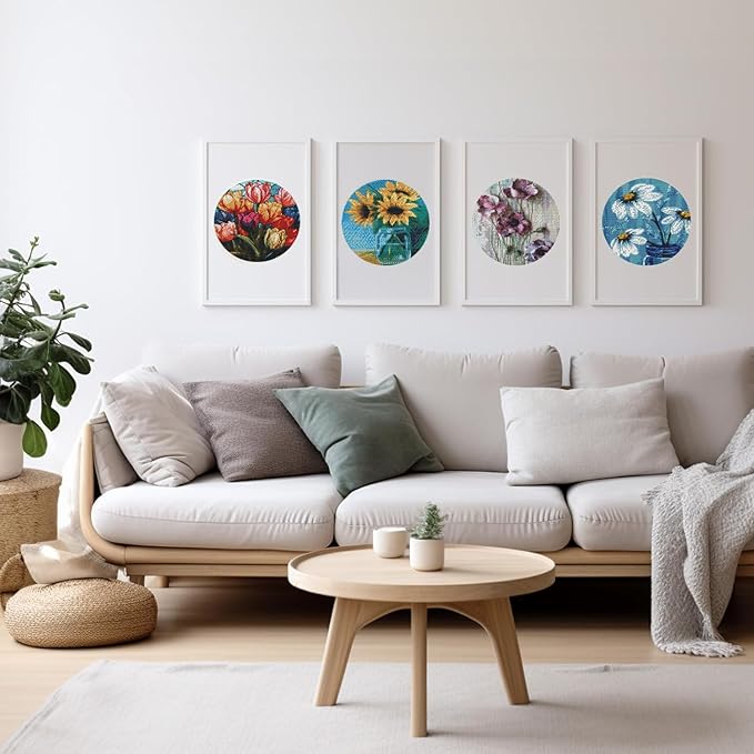 4 Pack Stamped Cross Stitch Kits with Frame - Flower Embroidery Kits for Beginners Adults,11 CT Patterns Dimensions Counted Cross Stitch Kits Arts Craft Kits 7.8 x 7.8 inch
