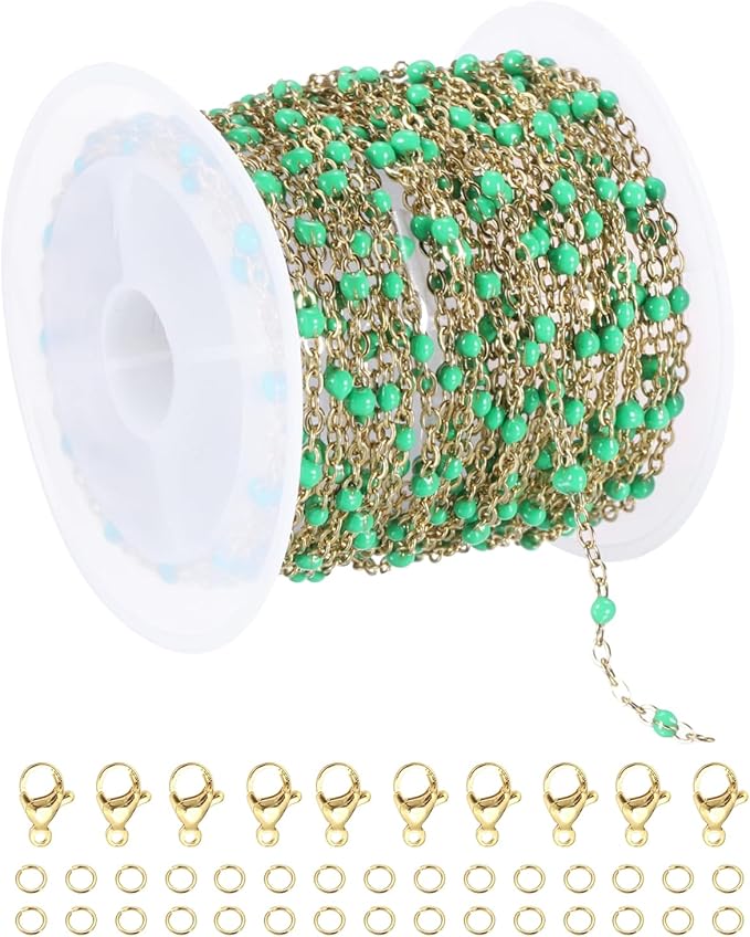 MECCANIXITY Stainless Steel Bead Chain, 16.4 Feet/5M Enamel Beaded Jewelry Link Cable Chains Spool Kit for Jewelry Making, Necklace, Bracelets, DIY Crafts (Gold/Green, Pack of 1)