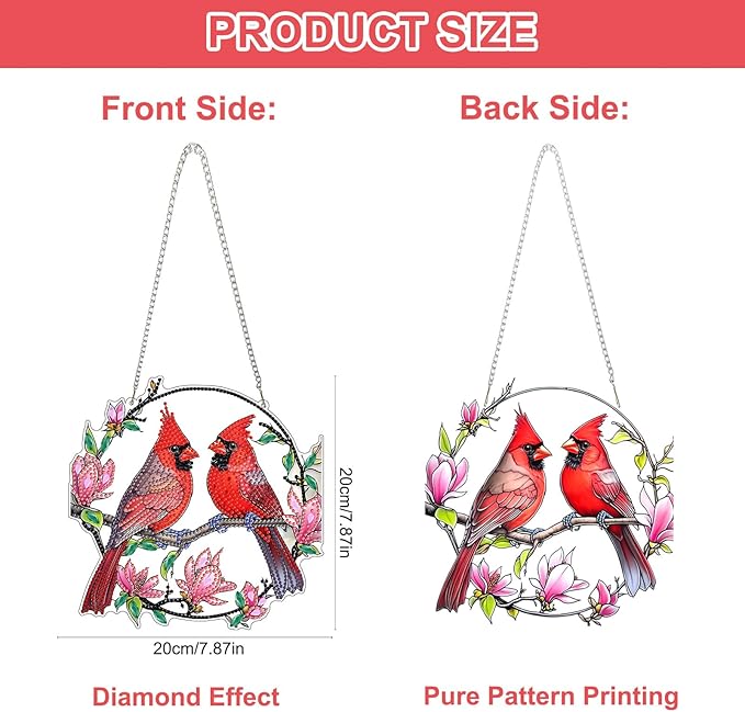 QENSPE DIY Hanging Diamond Painting Pendant Kit Cardinal,Magnolia Diamond Art Ornament Kit Acrylic Board for Window,Easy Crystal Pendant Gem Art for Home Garden Wall Decor,20x20cm