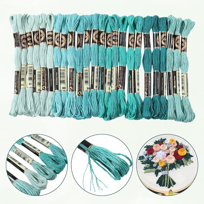 24 Skeins 6 Strands Green Embroidery Floss Threads Variegated Gradient Cross Stitch Thread Friendship Bracelets String Bulk with 12 Floss Bobbins for Hand Sewing Knitting Craft Stitching Diy