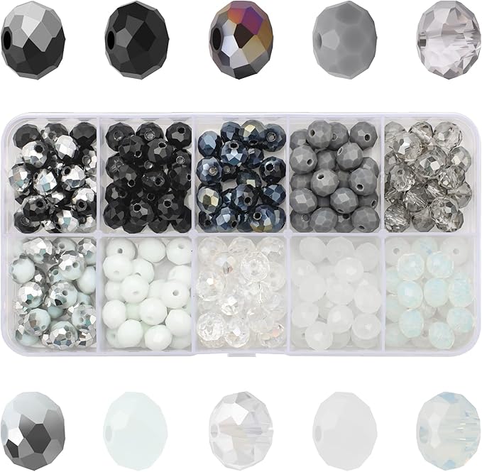 200pcs 8MM Faceted Rondelle Glass Beads for Jewelry Making, Briolette Crystal Glass Beads Plated Round Loose Spacer Beads for DIY Supplies Bracelets Necklaces Earrings (Black White)