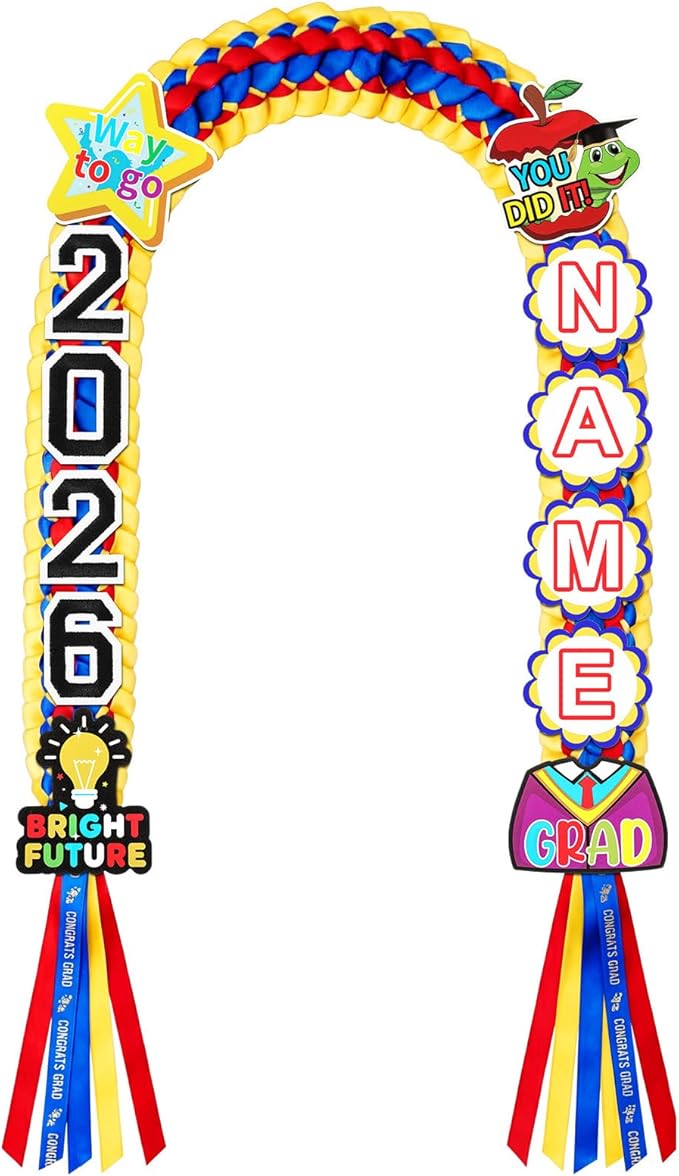 Juexica Kindergarten Graduation Ribbon Leis Class of 2026 Braided Necklace Making Kit with Alphabetic Decorative Cards Preschool Kids Grad Graduation Party Gifts(Red, Yellow, Blue)
