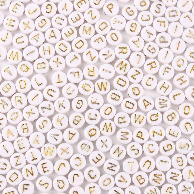 Acrylic Letter Beads Alphabet Gold Letters White Round Bead, 4×7mm 1200pcs, for Friendship Bracelet Jewelry Making Kit