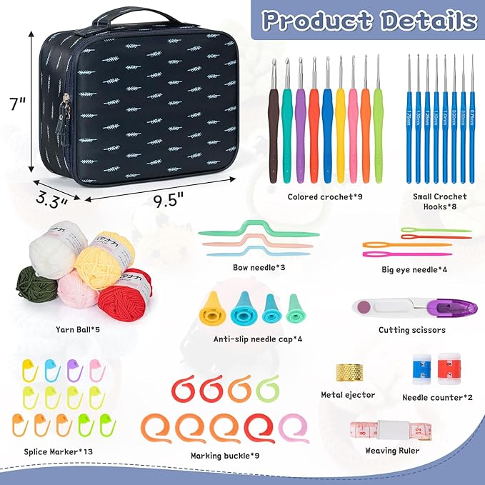 GMAK Crochet Kit for Beginners Adults, 59 PCS Crocheting Sets Include Yarn, Hooks and Tools, Portable Crochet Starter Kit for Making Variety Projects Crocheting Supplies, Navy Plume