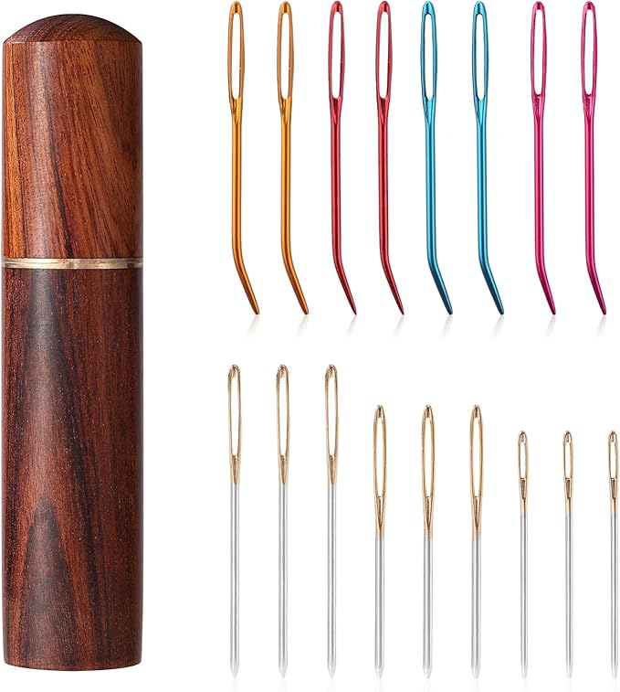 17pcs Large Eye Sewing Needles Kit, Stainless Steel Large Eye Blunt & Bent Tapestry Needles with Wooden Case for Hand Yarn Knitting and Crochet Embroidery(5 Colors)